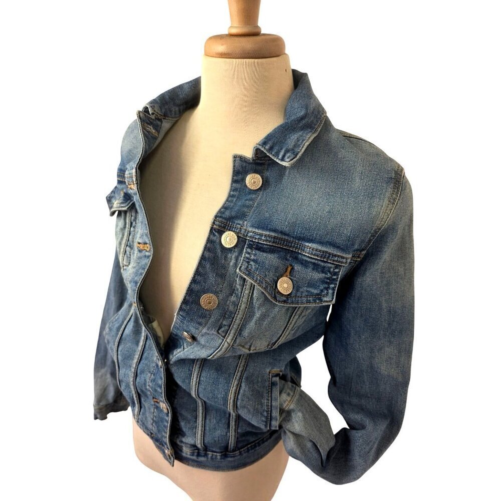 Justusa Denim Stretch Jean Jacket Women Sz S Buttons Distress Pockets Adjust Hem